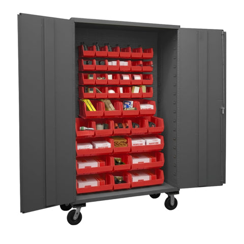 Oakestry Mobile Cabinet 48 x 24 x 81 in 16 Gauge Steel 42 Red Bins Flush Doors 6 x 2 Phenolic Casters Lockable Chrome Handle Gray Storage Cabinet