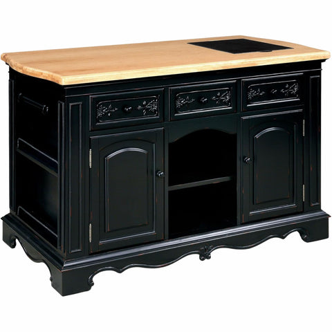 Oakestry Pennfield Fully Assembled Kitchen Island with Natural Wood Top, Black Sand-Through Base, Storage Shelves, Drawers & Removable Black Granite Cutting Surface