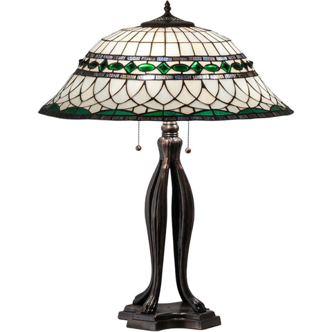 Oakestry 30" Tiffany Roman Table Lamp, Stained Glass Shade with Jewel Accents, Mahogany Bronze Base, 3-Light E26 Decorative Vintage Accent Lamp