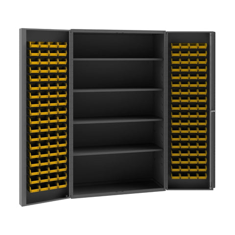Oakestry Heavy Duty 14-Gauge Steel Storage Cabinet with 4 Adjustable Shelves & 144 Yellow Bins Heavy Duty Doors, Lockable Chrome Handle with Keys