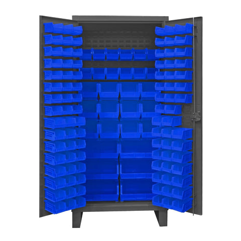 Oakestry Extra Heavy Duty 12-Gauge Steel Storage Cabinet with 126 Bins, Recessed Locking Louvered Doors, Cast Iron Padlockable Handle, Gray Industrial Garage Storage Organizer (Grey, Blue)