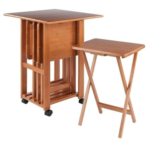Oakestry Sophia Snack Table Set with Drop-Leaf Mobile Stand, Teak Folding Tray Tables for Living Room or Patio, Set of 4