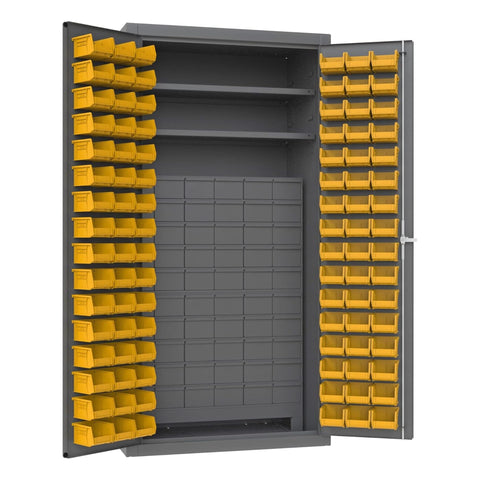 Oakestry Heavy Duty Cabinet 14 Gauge 2 Adjustable Shelves 96 Yellow Bins 60 Drawers Flush Doors with Louvered Panel Lockable Chrome Handle with Keys (Grey, Yellow)