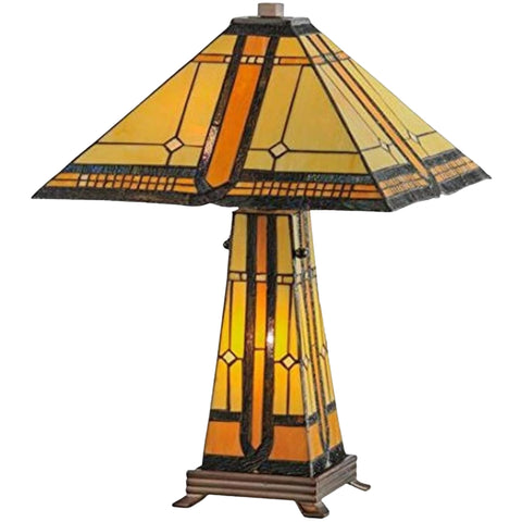 Oakestry 25" Sierra Prairie Mission Table Lamp with Lighted Base, Beige & Honey Art Glass, Geometric Design, E26 Bulbs, Mahogany Bronze Finish