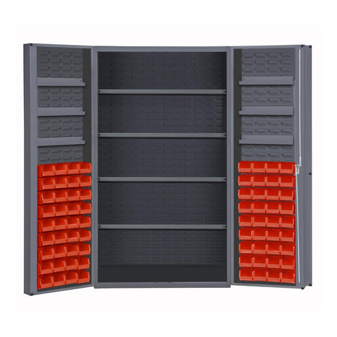 Oakestry Heavy Duty Cabinet 14 Gauge 48 x 24 x 72 4 Adjustable Shelves 72 Red Bins 4 Inch Deep Box Doors with Louvered Panel 6 Door Shelves Lockable Chrome Handle with Keys Gray