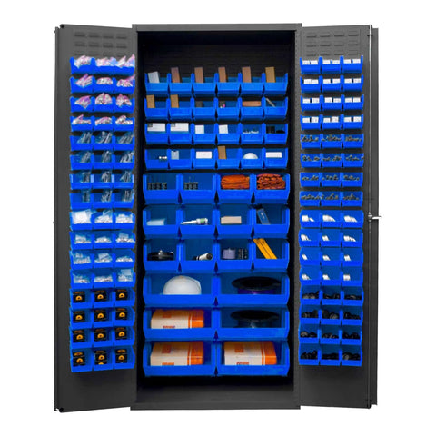 Oakestry Heavy Duty 14-Gauge Steel Storage Cabinet with 138 Bins, Flush Louvered Doors, Lockable Chrome Handle with Keys (Grey, Blue)