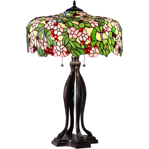 Oakestry 30" Cherry Blossom Table Lamp, Tiffany Style Pink Red Green Stained Glass, Mahogany Bronze Base, Floral Vintage Lighting