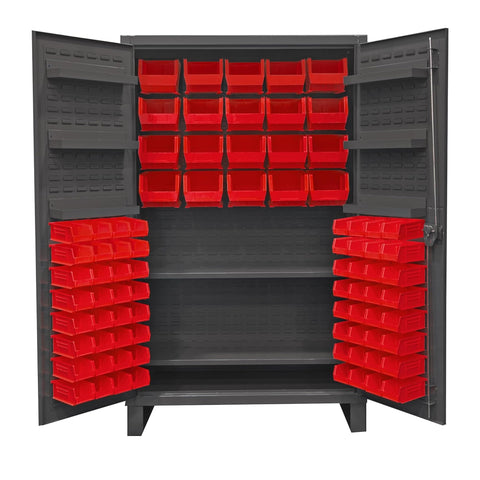 Oakestry Extra Heavy Duty 12-Gauge Steel Storage Cabinet with 2 Adjustable Shelves, 84 Bins & 6 Door Shelves, Recessed Locking Louvered Doors, Padlockable Handle (Grey, Red)