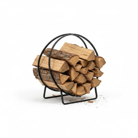 Oakestry 24 Inch Hoop Log Firewood Holder, Black Powder Coated Wrought Iron Indoor Outdoor Firewood Rack