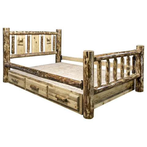 Glacier Country Collection Queen Storage Bed w/ Laser Engraved Elk Design