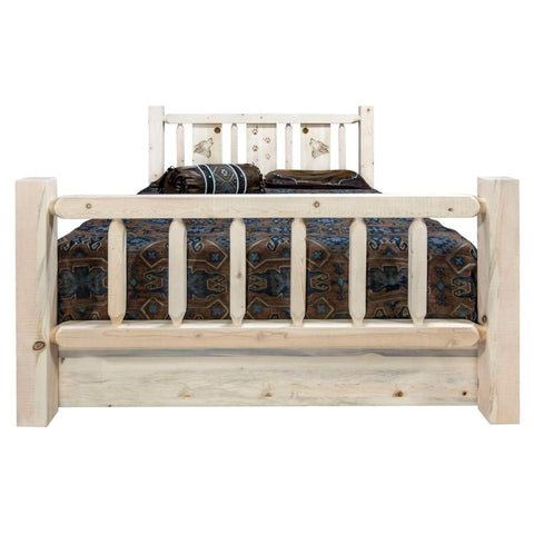Homestead Collection California King Storage Bed w/ Laser Engraved Wolf Design, Clear Lacquer Finish