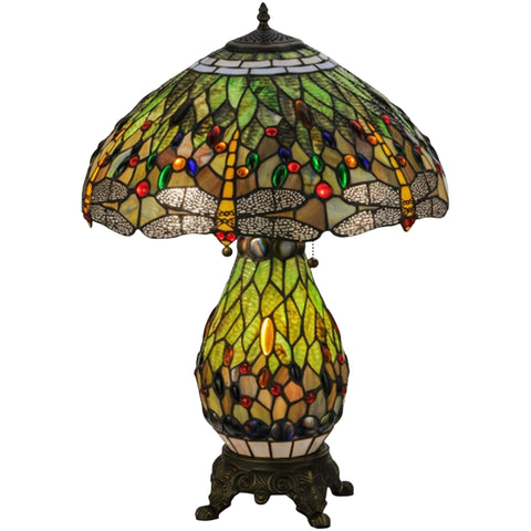 Oakestry 25.5" Tiffany Dragonfly Lighted Base Table Lamp, Hanging Head Stained Glass Shade, Multi-Color with Jewels, Mahogany Bronze Finish