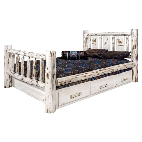 Montana Collection Full Storage Bed w/ Laser Engraved Elk Design, Clear Lacquer Finish