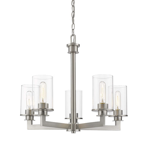 Oakestry 5 Light Chandelier Brushed Nickel Steel Clear midcentury Modern Art Moderne Ceiling Lighting Fixture for Dining Room Foyer Great Room Hallway Kitchen Modern Home Decor Hanging Light