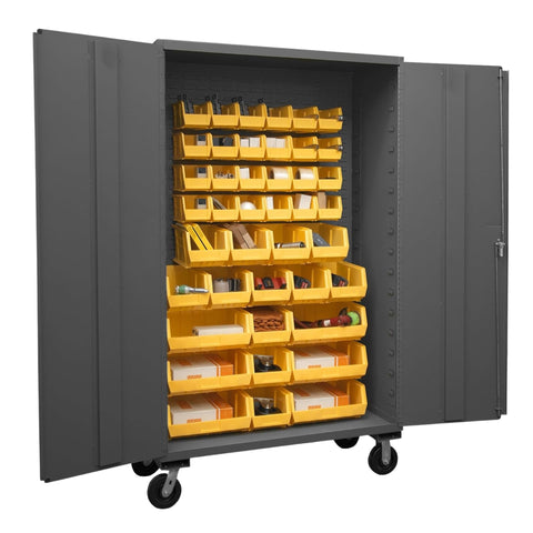 Oakestry Mobile Cabinet 48 x 24 x 81 in 16 Gauge Steel 42 Yellow Bins Flush Doors 6 x 2 Phenolic Casters Lockable Chrome Handle Gray Storage Cabinet