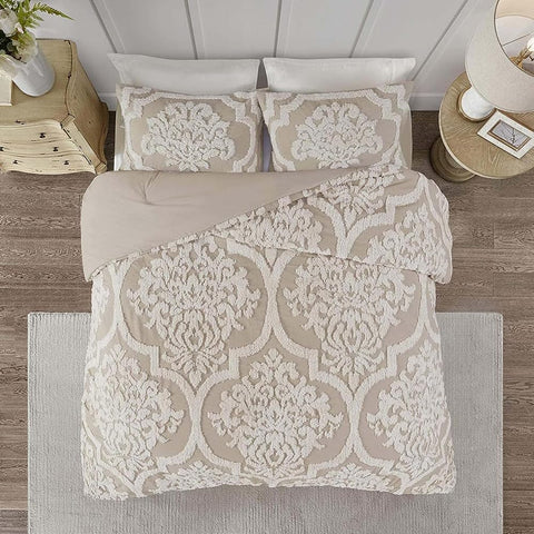 3 Piece Cotton Comforter Bedding Set All Season Modern Luxury Theme with Viola, Matching Shams, Damask Taupe King/Cal King(104"X92"), Damask Taupe