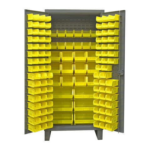 Oakestry Extra Heavy Duty 12-Gauge Steel Storage Cabinet with 126 Bins, Recessed Locking Louvered Doors, Cast Iron Padlockable Handle, Gray Industrial Garage Storage Organizer (Grey, Yellow)