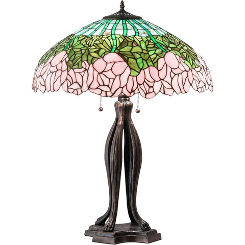 Oakestry 30" Tiffany Cabbage Rose Table Lamp, Pink Floral Stained Glass Shade, Blue Opal Background, Mahogany Bronze Base, Handcrafted Lighting