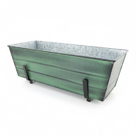 Oakestry Medium Green Flower Box with 2x6 Railing Brackets, 24" Galvanized Steel Planter & Wrought Iron Mount Kit for Balcony Deck Patio