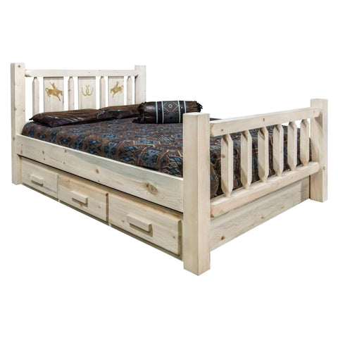 Homestead Collection Full Storage Bed w/ Laser Engraved Bronc Design, Clear Lacquer Finish