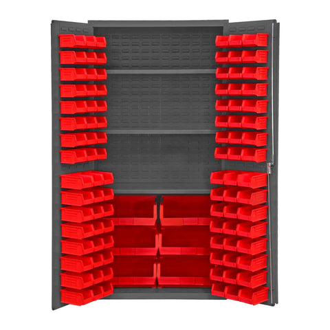 Oakestry Heavy Duty Cabinet 14 Gauge 36 x 24 x 72 3 Adjustable Shelves 102 Red Bins Flush Doors with Louvered Panel Lockable Chrome Handle with Keys Gray