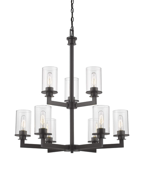 Oakestry Calumet 9-Light Chandelier – Matte Black & Polished Nickel Steel, GU10 Bulbs, Linear Industrial-Transitional Lighting