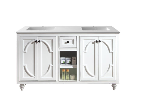 Oakestry Odyssey 60 Inch White Double Sink Bathroom Vanity Matte White Viva Stone Solid Surface Countertop Freestanding Modern Storage Cabinet Soft Close Doors Luxury Washroom Furniture