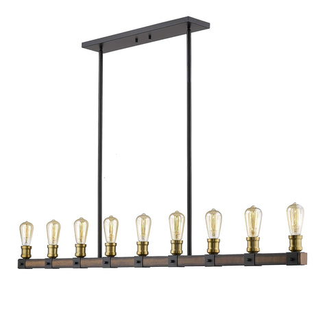 Oakestry Kirkland 9-Light Linear Chandelier – Ashen Barnboard Steel Frame, Medium Pendant, Rustic Industrial Design for Dining Room & Kitchen