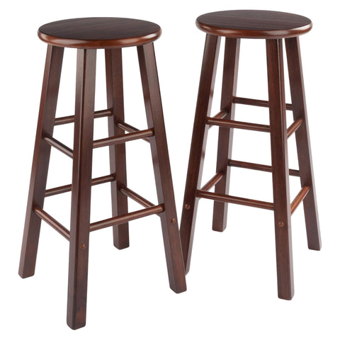Oakestry Element 2-Piece 29" Bar Stool Set, Walnut – Solid Wood Round Seat Stools with Crossbar Footrests for Kitchen, Bar, or Breakfast Nook