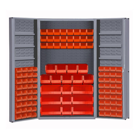 Oakestry Heavy Duty 14-Gauge Steel Storage Cabinet with 114 Bins & 6 Door Shelves, 4” Deep Box Doors, Lockable Chrome Handle with Keys (Grey, Red)