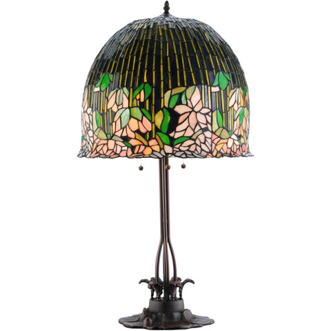 Oakestry 32" Tiffany Style Flowering Lotus Table Lamp, Stained Glass Floral Shade, Mahogany Bronze Base, 3-Light E26 Decorative Vintage Accent Lamp