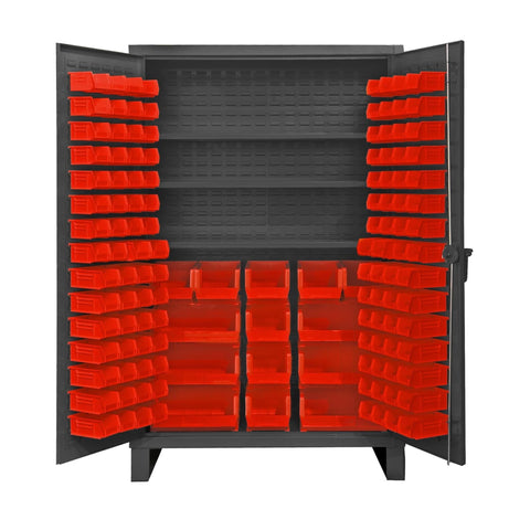 Oakestry Extra Heavy Duty Cabinet 12 Gauge 3 Adjustable Shelves 134 Red Bins Recessed Door with Louvered Panel Cast Iron Pad-Lockable Handle (Grey, Red)