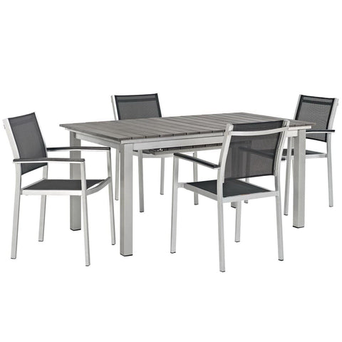 Oakestry Shore 5 Piece Outdoor Patio Aluminum Dining Set with Extension Table and Black Mesh Armchairs