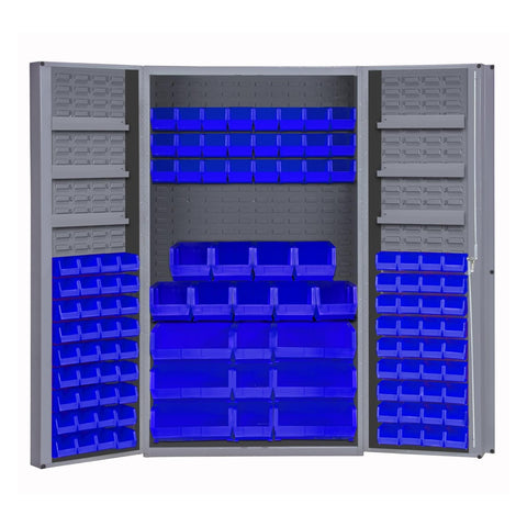 Oakestry Heavy Duty 14-Gauge Steel Storage Cabinet with 114 Bins & 6 Door Shelves, 4” Deep Box Doors, Lockable Chrome Handle with Keys (Grey, Blue)