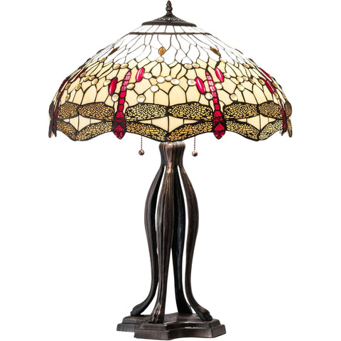 Oakestry 30" Tiffany Hanginghead Dragonfly Table Lamp, Beige Stained Glass Shade with Red Dragonflies, Mahogany Bronze Base, 3-Light E26 Decorative Accent Lamp
