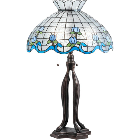 Oakestry 31" Roseborder Table Lamp, Tiffany Style Blue Clear Stained Glass with Green Accents, Mahogany Bronze Base, Floral Lighting