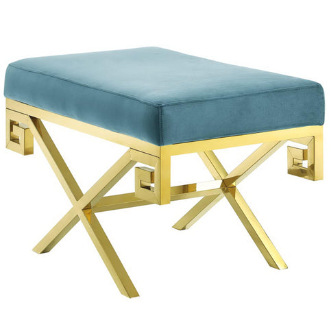 Oakestry Rove Performance Velvet Accent Bench with Gold Stainless Steel Greek Key Base, Sea Blue Upholstered Bedroom & Living Room Bench