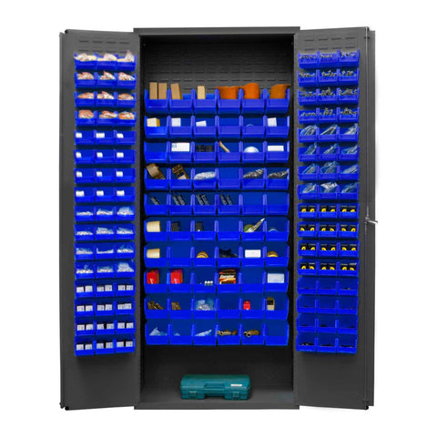 Oakestry Heavy Duty Cabinet 14 Gauge 36 x 18 x 84 156 Blue Bins Flush Doors with Louvered Panel Lockable Chrome Handle with Keys Gray