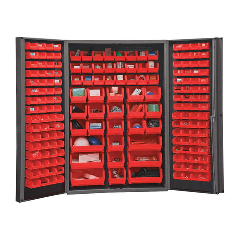 Oakestry Heavy Duty Cabinet 14 Gauge 176 Bins 4 Inch Deep Box Doors with Louvered Panel Lockable Chrome Handle with Keys (Grey, Red)