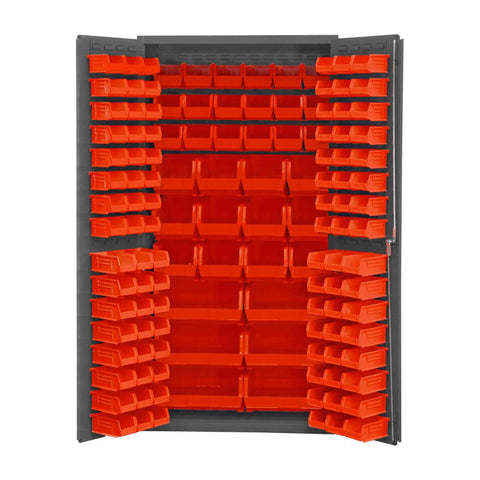 Oakestry Heavy Duty Cabinet 14 Gauge 36 x 24 x 72 132 Red Bins Flush Doors with Louvered Panel Lockable Chrome Handle with Keys Gray