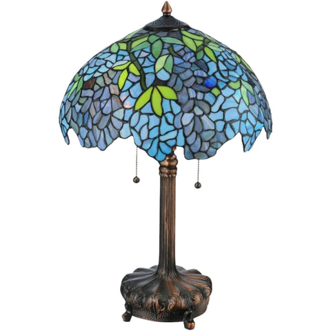 Oakestry 25" Tiffany Wisteria Table Lamp, Floral Stained Glass Shade, Mahogany Bronze Base, Dual E26 Decorative Vintage Accent Lamp