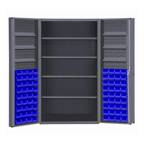 Oakestry Heavy Duty Cabinet 14 Gauge 48 x 24 x 72 4 Adjustable Shelves 72 Blue Bins 4 Inch Deep Box Doors with Louvered Panel 6 Door Shelves Lockable Chrome Handle with Keys Gray