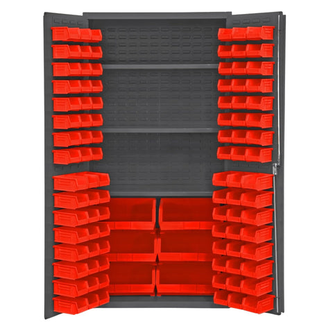 Oakestry 16 Gauge Steel Bin & Shelf Cabinet 36” x 24” x 72”, 3 Adjustable Shelves, 102 Red Bins, Flush Louvered Lockable Doors, Gray