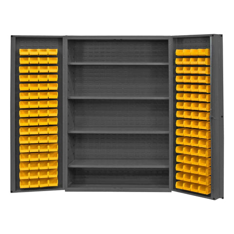 Oakestry Heavy Duty Cabinet 14 Gauge 48 x 24 x 72 4 Adjustable Shelves 128 Yellow Bins 4 Inch Deep Box Doors with Louvered Panel Lockable Chrome Handle with Keys Gray