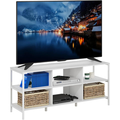 Oakestry Modern TV Stand for TVs up to 60 Inch, Solid White Finish, Entertainment Center with Open Shelves and Metal Frame