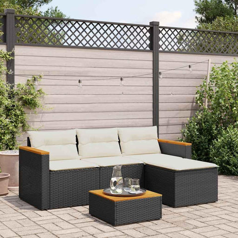 Oakestry 3-Piece Garden Sofa Set Black Poly Rattan & Acacia Wood, Cream White Cushions, Modular Outdoor Patio Seating