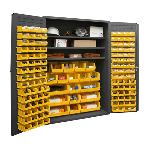 Oakestry Cabinet 16 Gauge 48 x 24 x 72 3 Adjustable Shelves 138 Yellow Bins Flush Doors with Louvered Panel Lockable Chrome Handle with Keys Gray