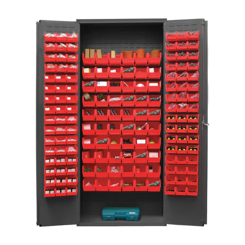 Oakestry Heavy Duty Cabinet 14 Gauge 36 x 18 x 84 156 Red Bins Flush Doors with Louvered Panel Lockable Chrome Handle with Keys Gray