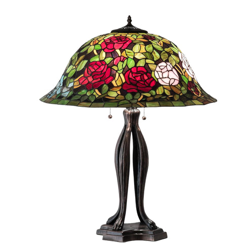 Oakestry 30" Tiffany Rosebush Table Lamp, Floral Stained Glass Shade with Multicolor Roses, Mahogany Bronze Base, 3-Light E26 Decorative Accent Lamp