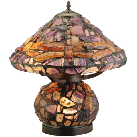 Oakestry 18.5" Dragonfly Tiffany Style Table Lamp, Agate Stained Glass Shade, Dual E26 Bulbs, Decorative Vintage Accent Lamp with Agate Stone Base